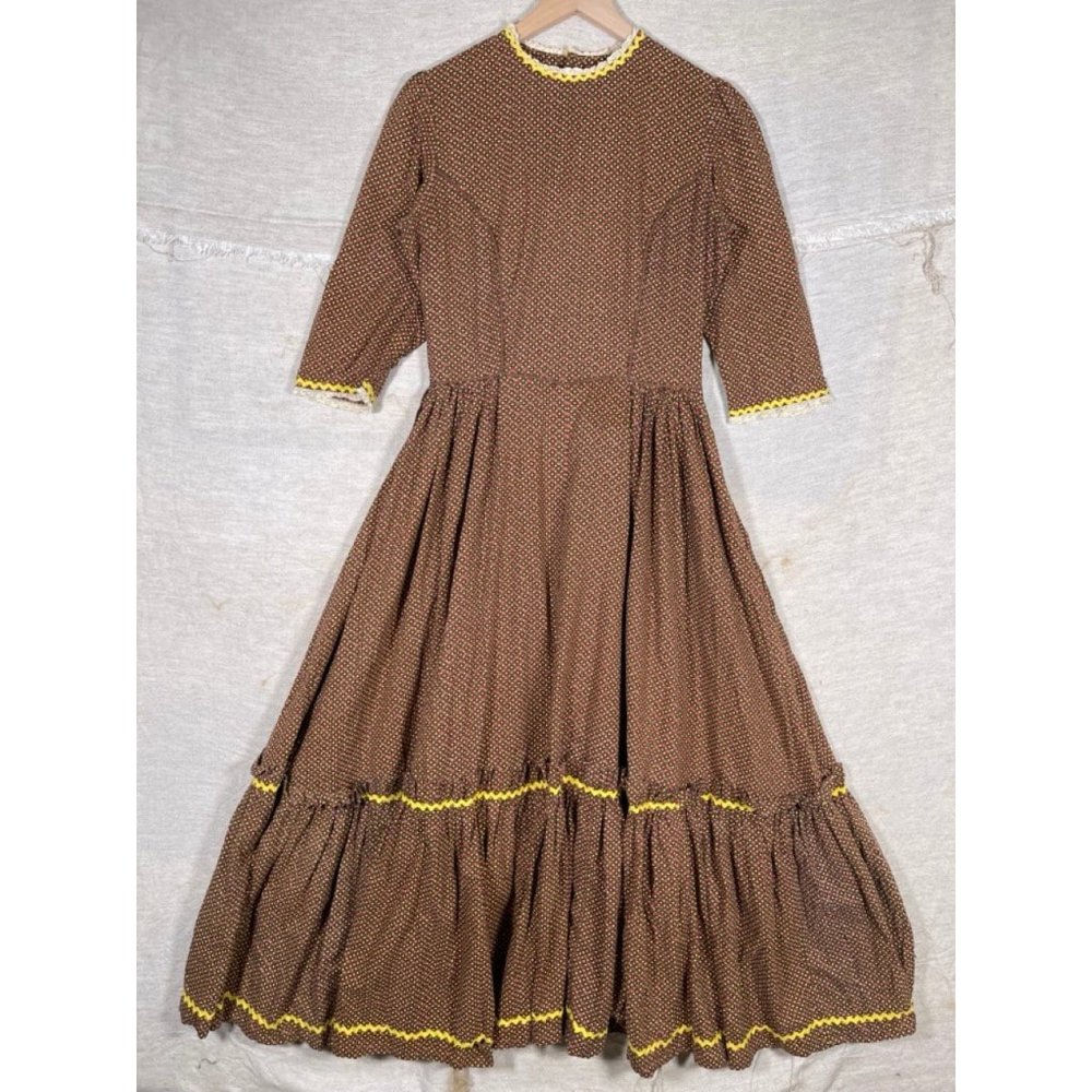 Vintage 1970s 1980s Handmade Floral Brown Prairie Dress